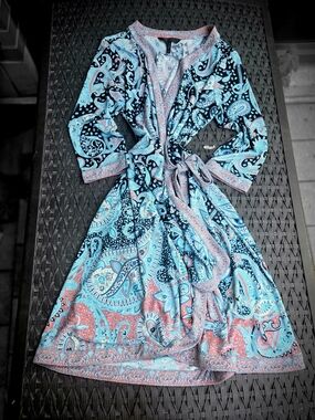 BCBGMaxAzria Turquoise Pink Paisley Midi Wrap Dress US L